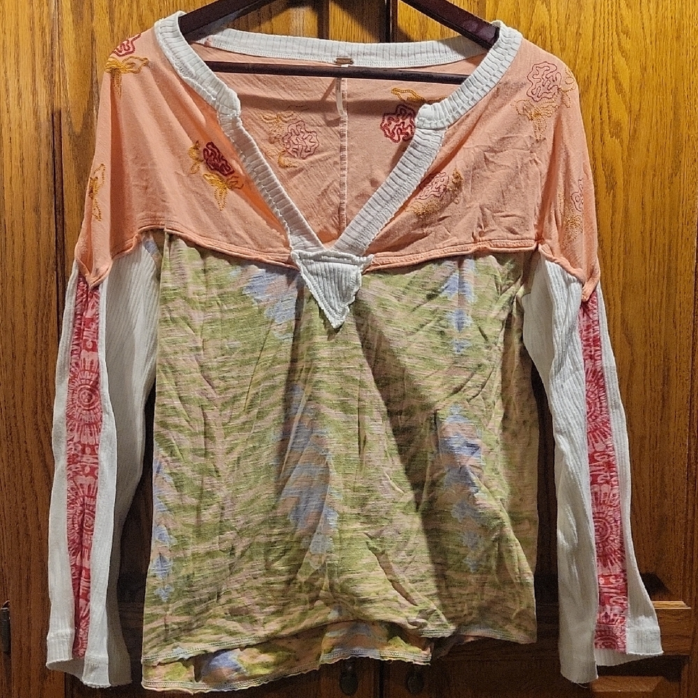 Free People Pink and Green Long Sleeve Tee
